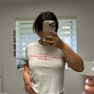 White graphic t-shirt with red letters